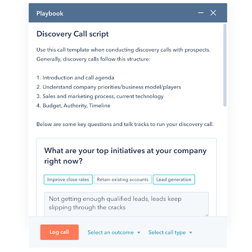 ข้อความที่ตัดตอนมาจาก Playbook การขายของ Hubspot ที่แสดงสคริปต์การโทรเพื่อการขายแบบ Discovery