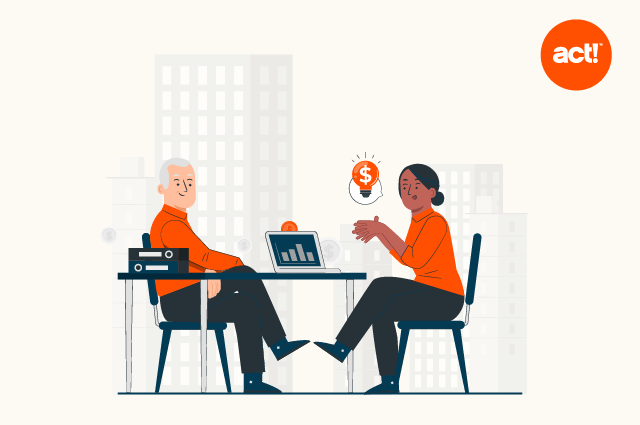 Ilustración de dos personas sentadas y hablando en una mesa.