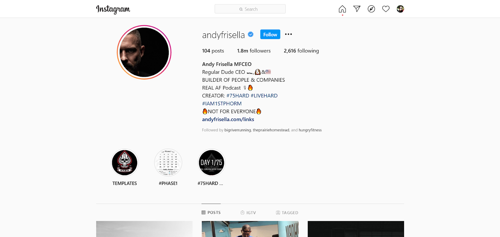 Andy Frisella Instagram-Konto mit Hashtags in der Biografie
