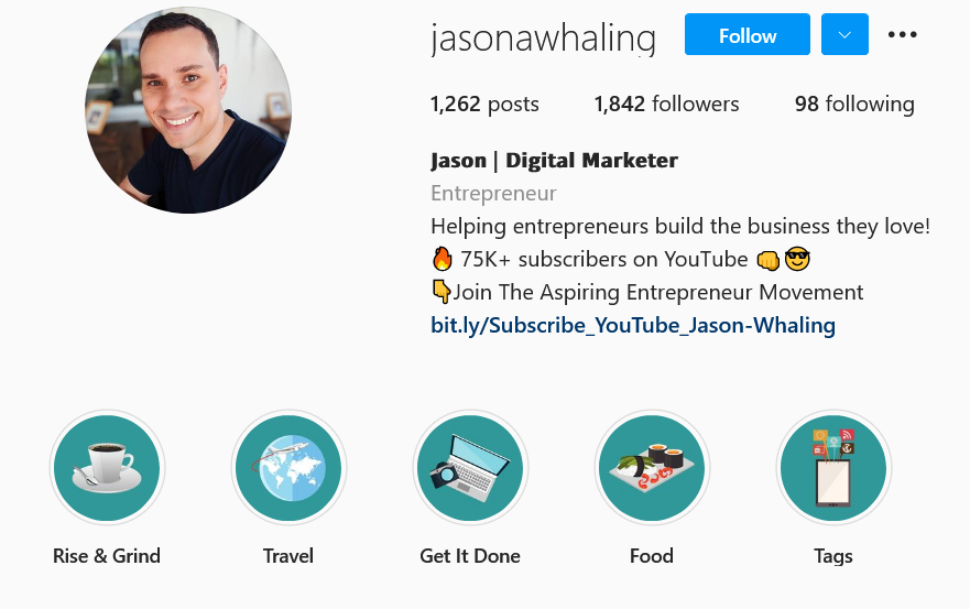 Biografia konta Jasona Whalinga na Instagramie