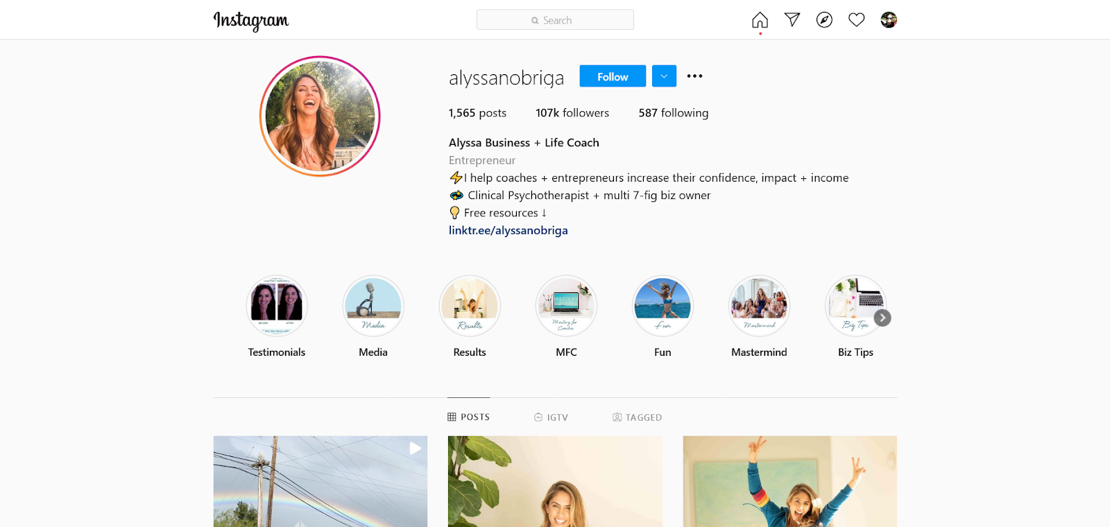 Alyssa Nobriga life coach instagram bio
