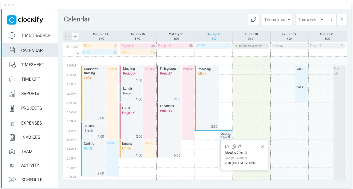 Calendário Clockify