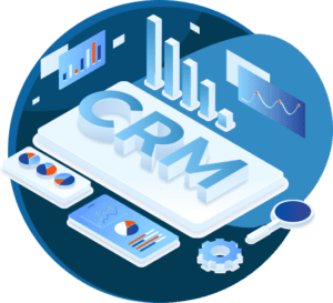 رسم توضيحي لرسم بياني ثلاثي الأبعاد مع إدارة علاقات العملاء (CRM) في المنتصف