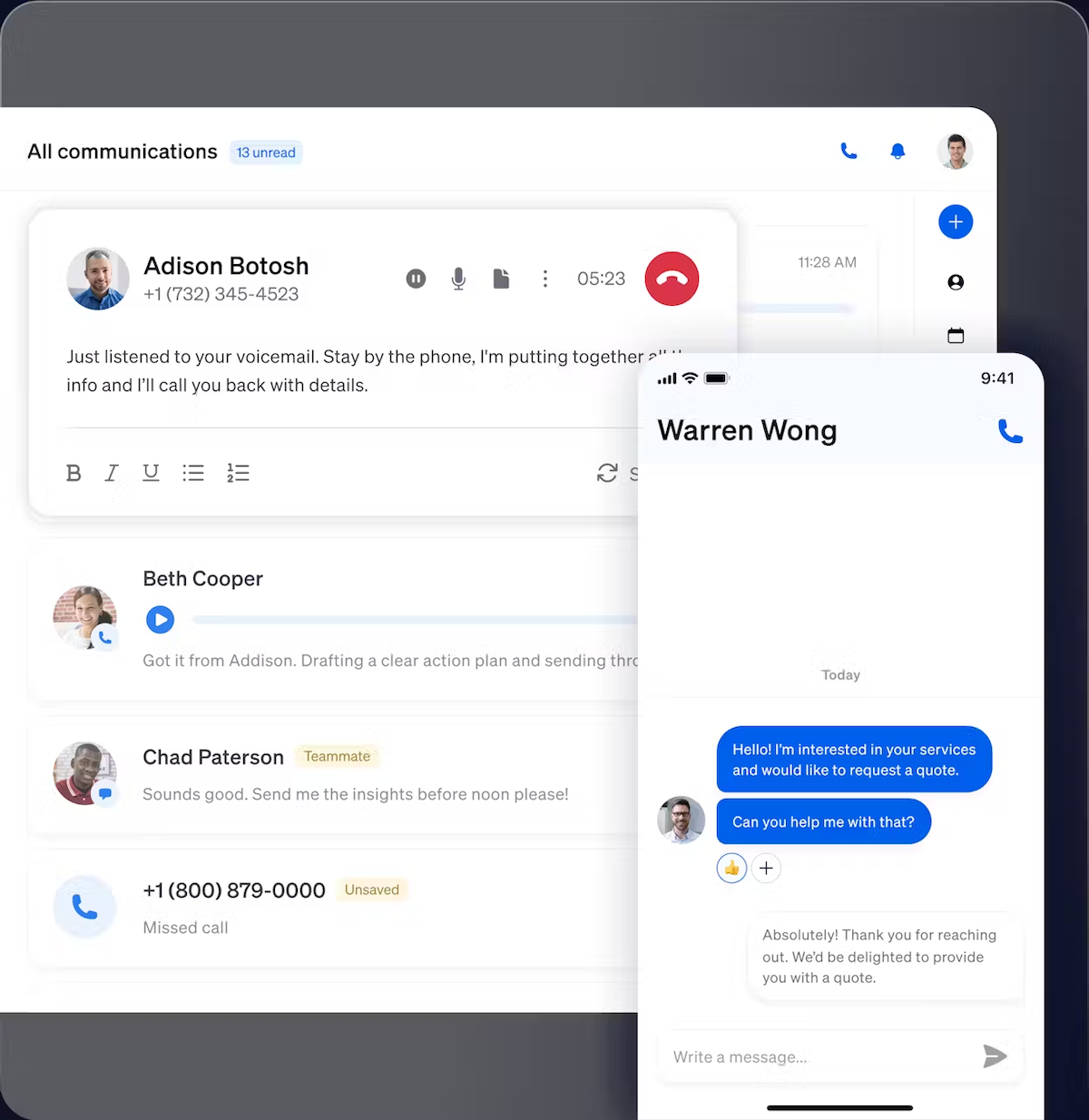 Écran de toutes les communications Nextiva