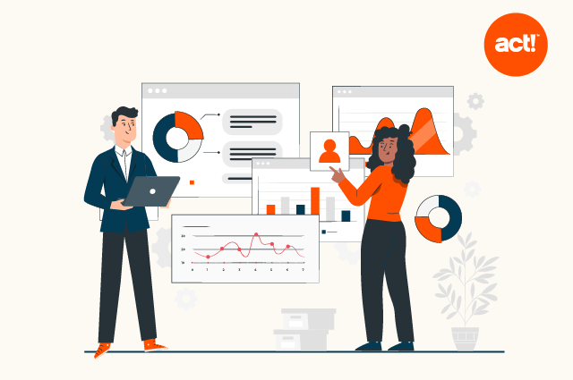 un'illustrazione di due persone in piedi davanti a grafici e diagrammi