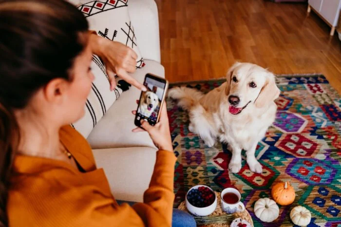 Mulher tirando foto de seu cachorro para postar no Instagram