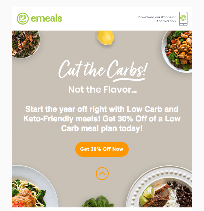 eMeals の CTA でアプリをダウンロードすると 30% オフになります