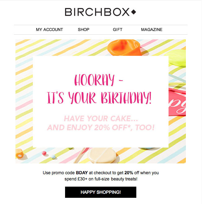 誕生日プロモーション コードを 20% オフで使用するための CTA 付きの BirchBox メール