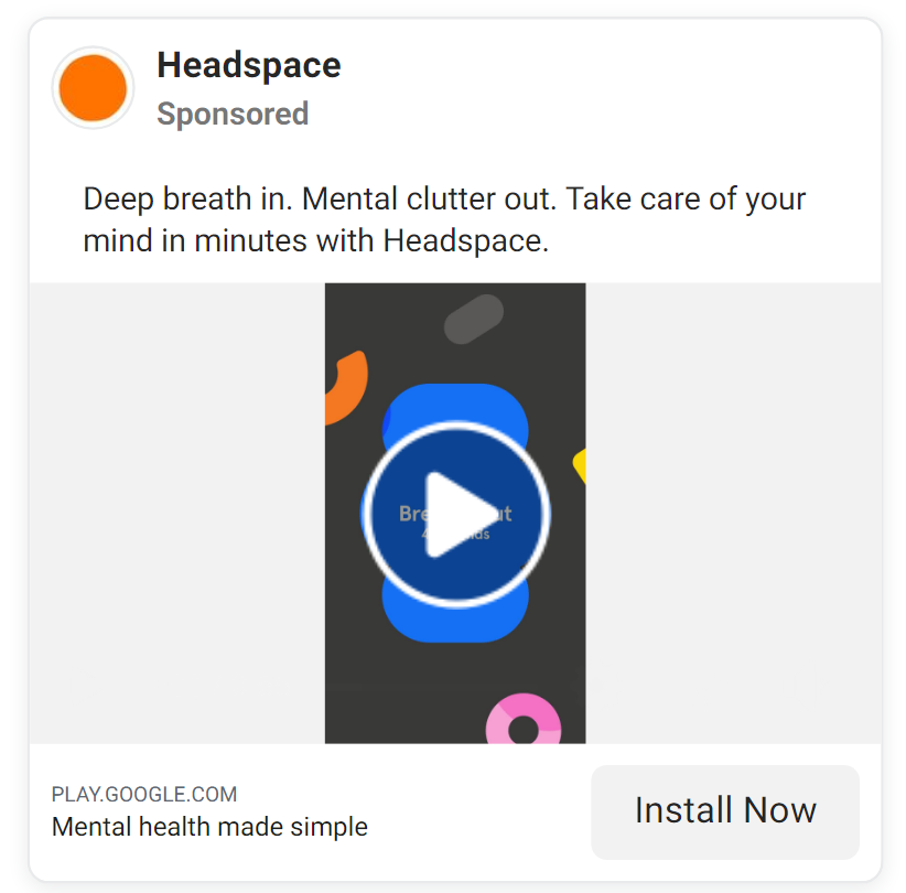 ビデオとアプリをインストールするための CTA が埋め込まれた Headspace ソーシャル投稿