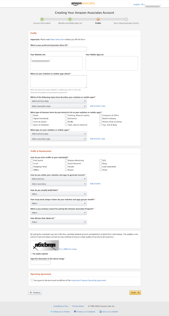 Создание учетной записи Amazon Associates