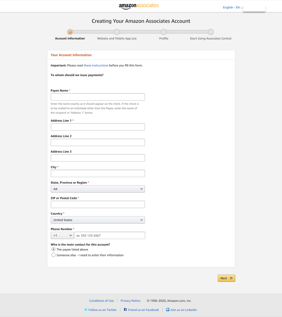 Создайте свою учетную запись Amazon Associates