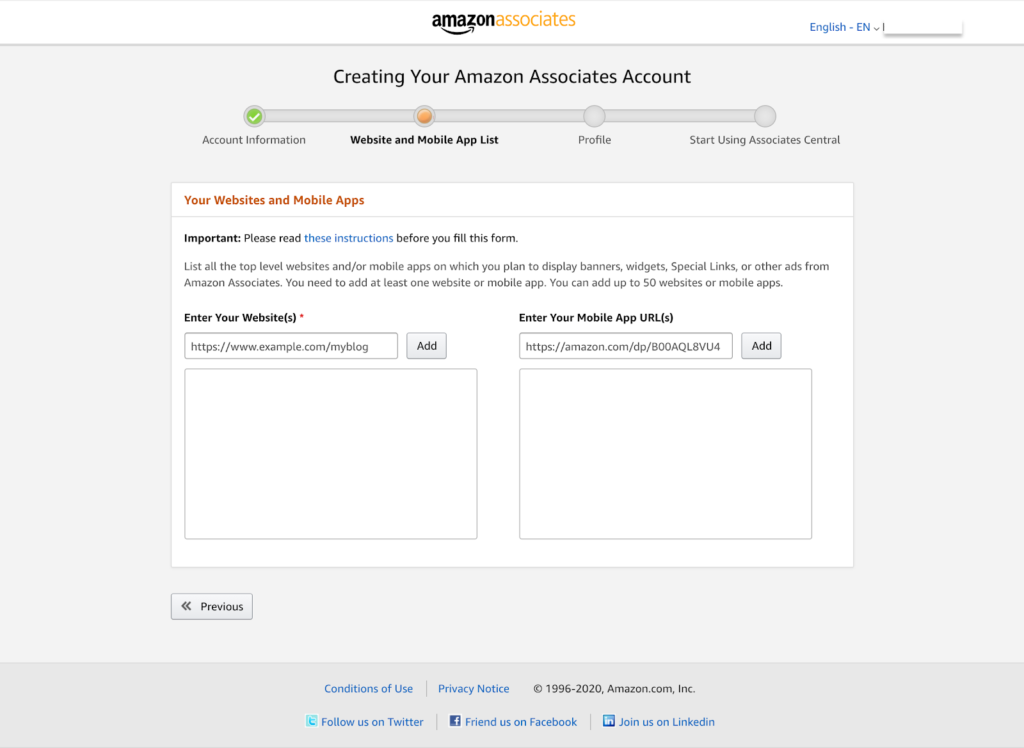 Создание учетной записи Amazon Associates