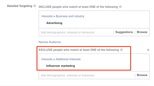 Exclusões de público personalizado do Facebook
