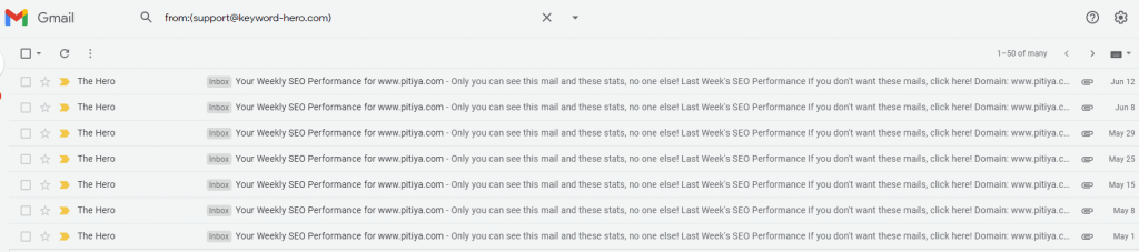 E-mails do relatório de desempenho do Keyword Hero