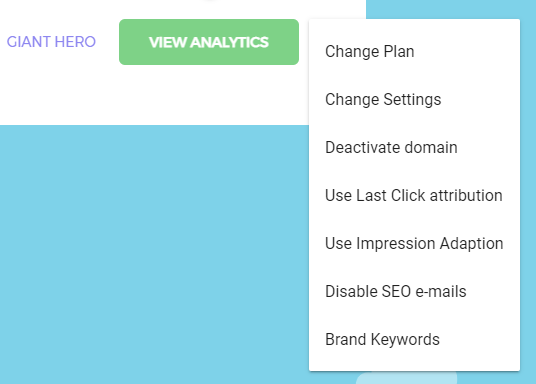 Menu de configurações do domínio Keyword Hero