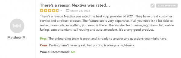 Nextiva esamina l'assistenza clienti e il prodotto robusto