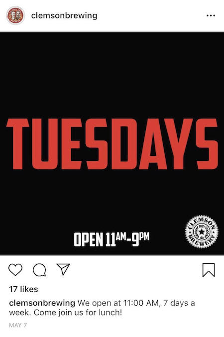 克莱姆森酿造周二 Instagram 帖子