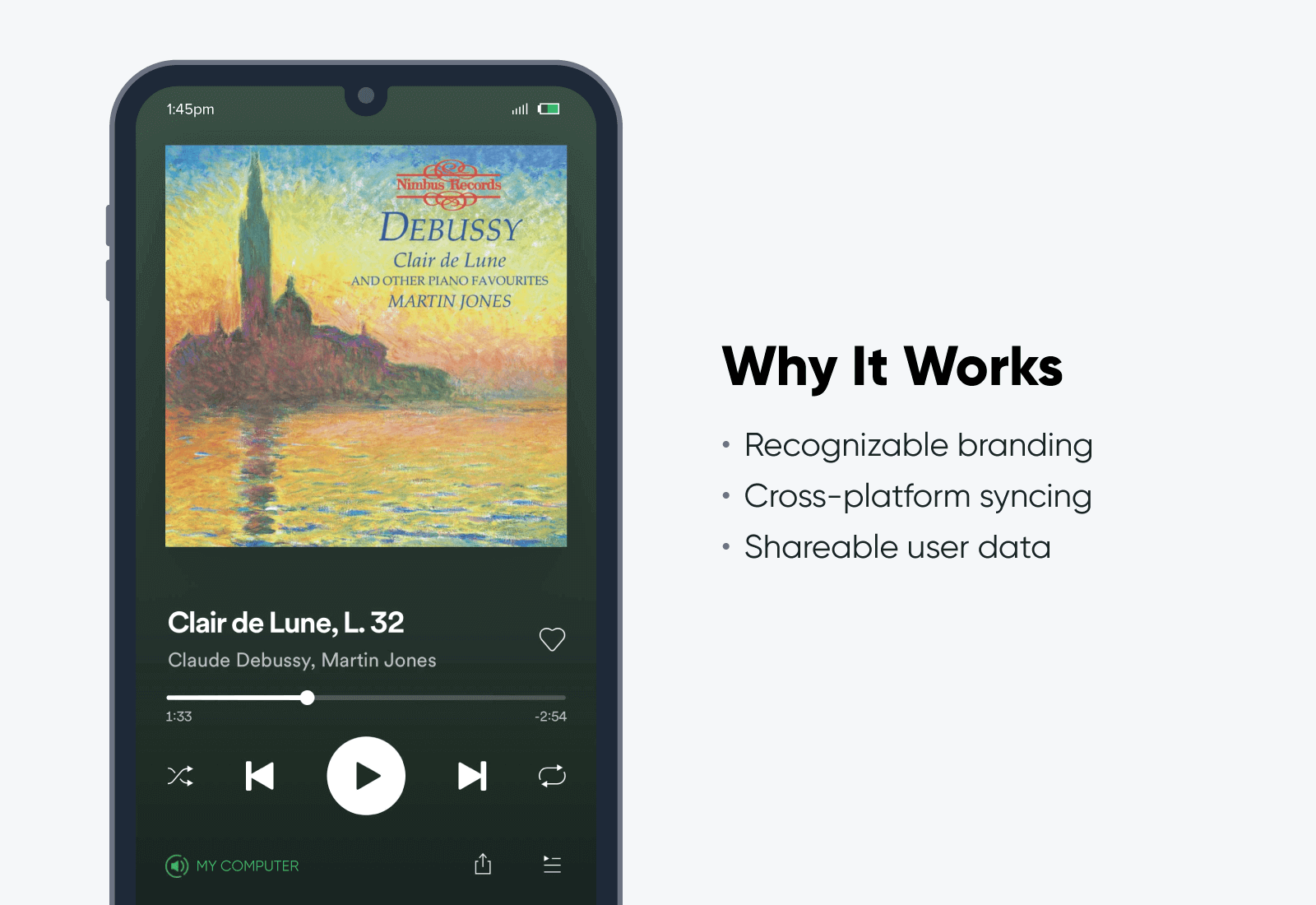 一个 Spotify 移动应用程序屏幕的样机，展示了他们的跨平台同步与要点，解释了为什么它作为一种全渠道营销策略起作用。