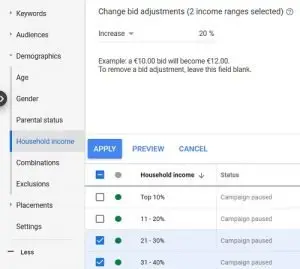 Google Ads 입찰가 조정 가계 소득