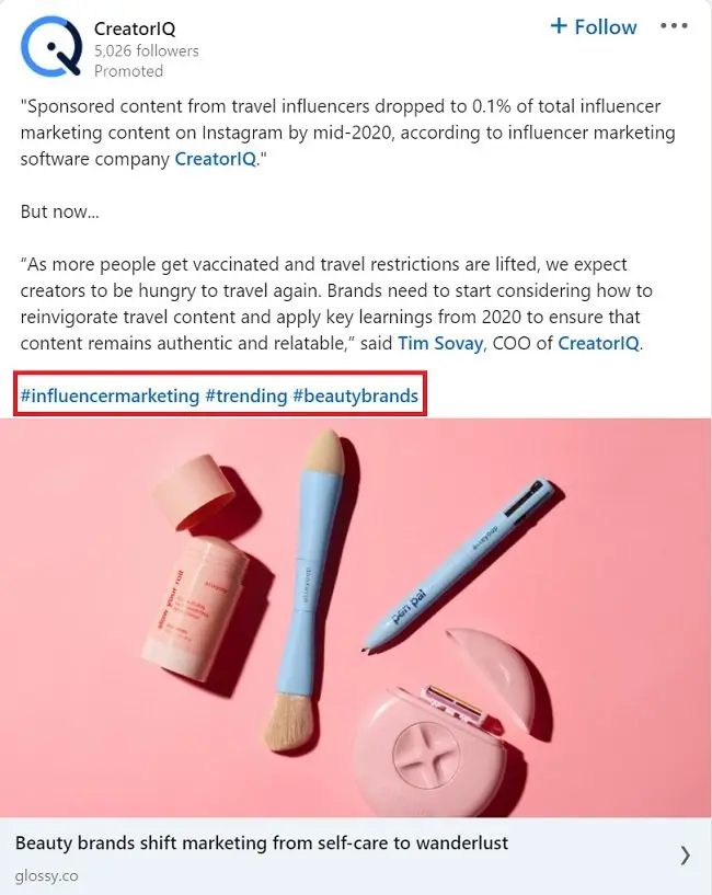 Texto de anuncio de Linkedin - hashtags