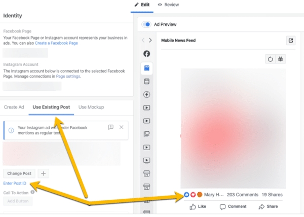 ตัวแก้ไขโฆษณาอินทรีย์ของ Facebook โดยใช้ ID โพสต์และปฏิกิริยาที่มีอยู่ Facebook Ads