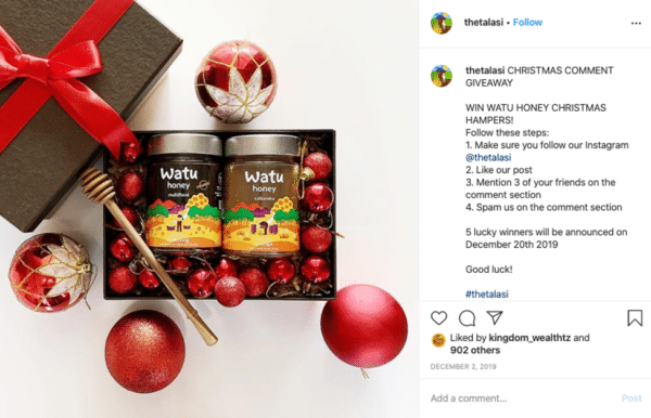 Post di omaggi virali su Instagram di Talasi con palline rosse e omaggi di prodotti a base di miele watu