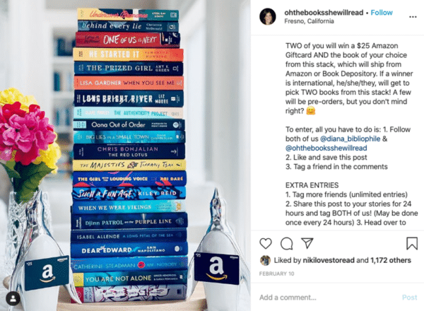 Post di omaggio virale di Instagram da oh the book leggerà fiori e libri con la carta regalo Amazon