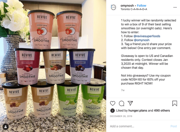 Post di omaggi virali su Instagram di O My Nosh con diversi gusti di omaggi frullati