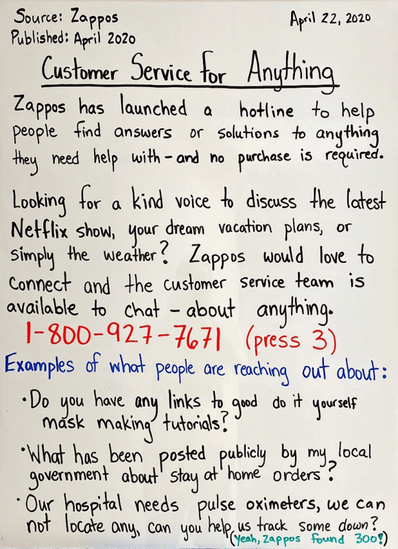 Service client Zappos pour tout ce qui est publié le 22 avril 2020