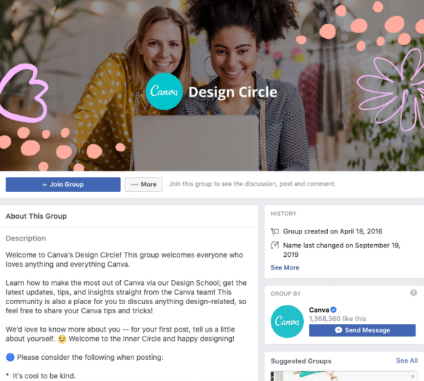Cercle de design groupe facebook de plus de 16 000 membres créant une communauté pour les designers canva