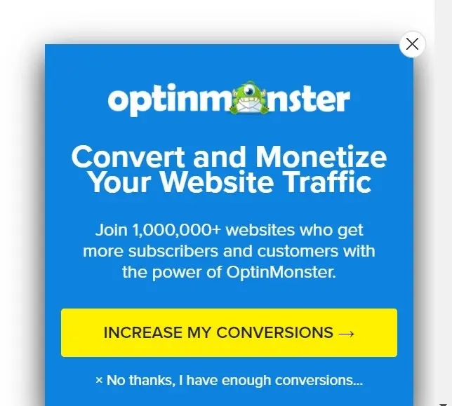 Optinmonster web sitesi açılır mesajı