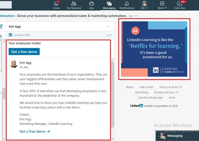 messaggio pubblicitario - e-mail linkedin - e-mail sponsorizzata