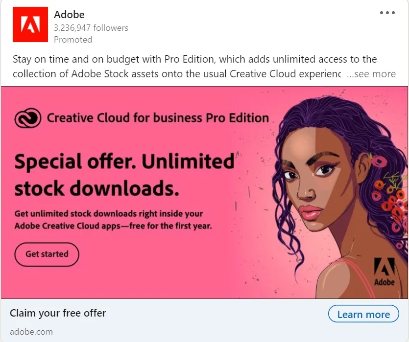 LinkedIn 廣告示例 - adobe
