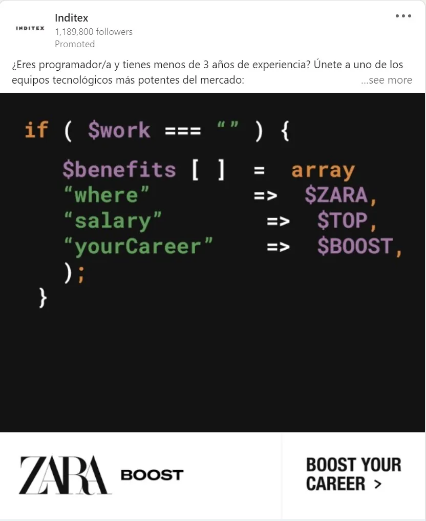 linkedin 廣告示例 - inditex
