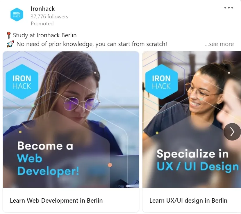 LinkedIn 廣告示例 - Ironhack
