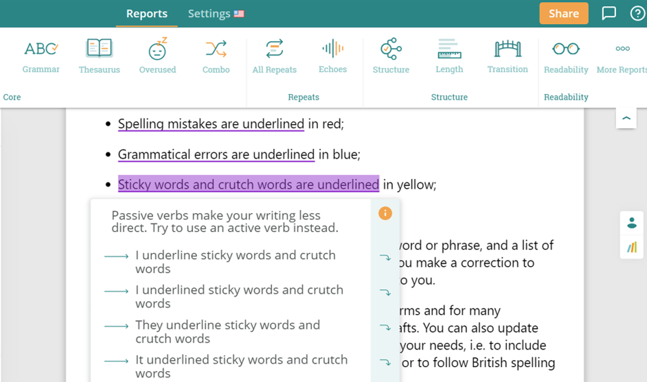 ProWritingAid | คำอธิบายในแอปสำหรับข้อผิดพลาด