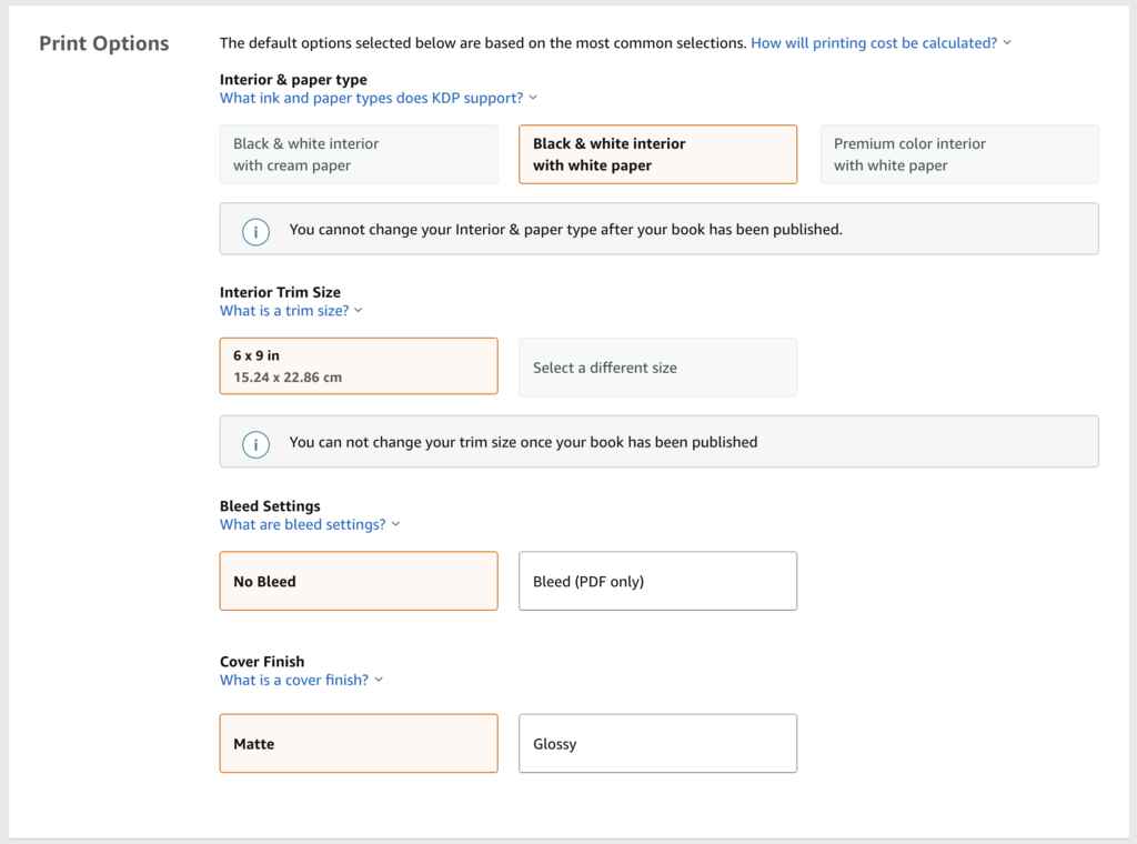 Auto-édition de livres à couverture rigide avec Kindle Direct Publishing - capture d'écran de l'écran des options d'impression