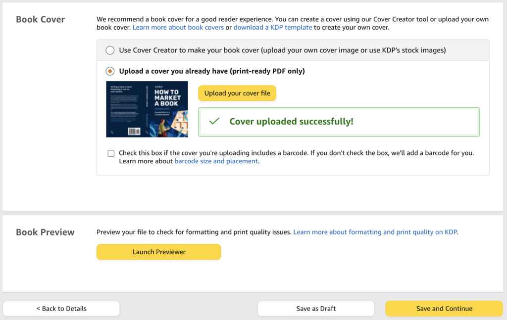 Auto-édition de livres à couverture rigide avec Kindle Direct Publishing - capture d'écran de l'écran de téléchargement de la couverture