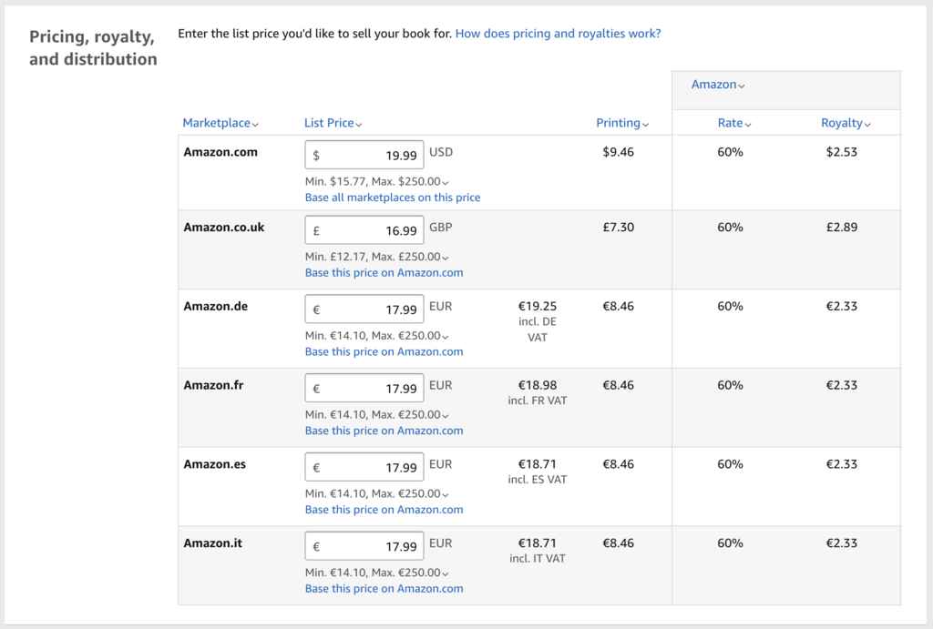 Auto-édition de livres à couverture rigide avec Kindle Direct Publishing - capture d'écran des options de tarification