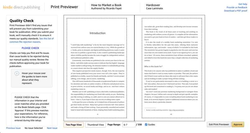 Auto-édition de livres à couverture rigide avec Kindle Direct Publishing - capture d'écran de l'outil de contrôle de la qualité KDP