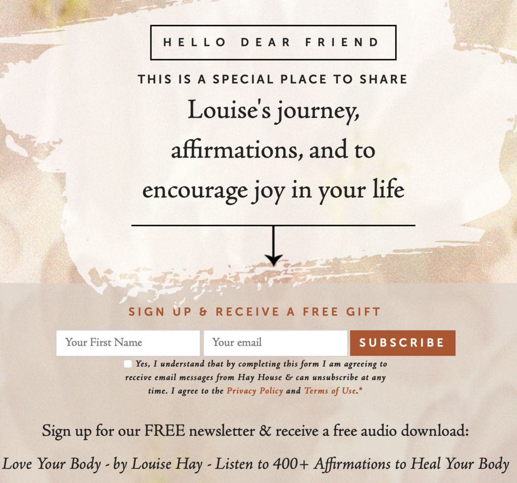 O captură de ecran de pe site-ul lui Louise Hay arată un câmp care le cere vizitatorilor adresa de e-mail în schimbul unui fișier audio gratuit de afirmații.