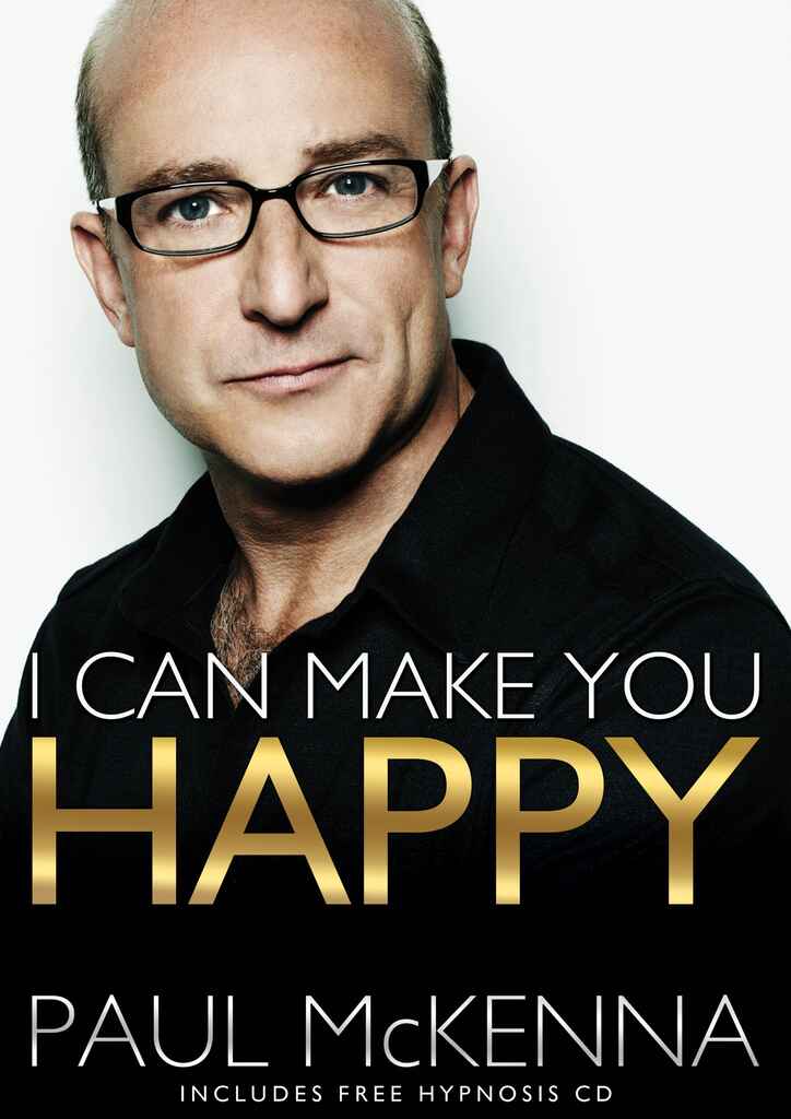 Coperta pentru cartea hipnotizatorului Paul Mckenna „I Can Make You Happy”. În copertă, el este văzut uitându-se la cititor.