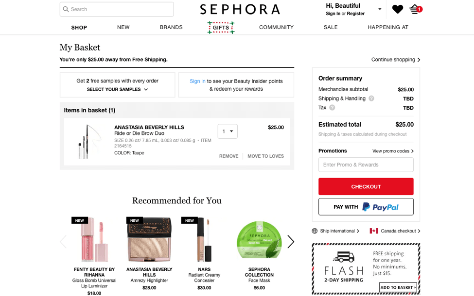 mensaje de personalización del sitio web de sephora