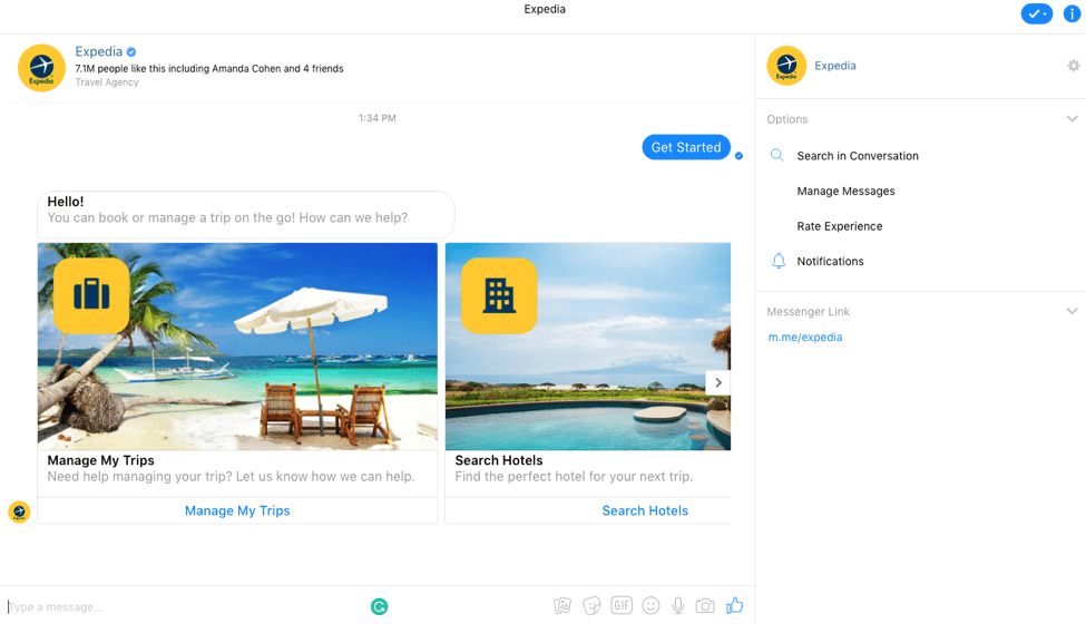 Expedia en el mensajero de Facebook
