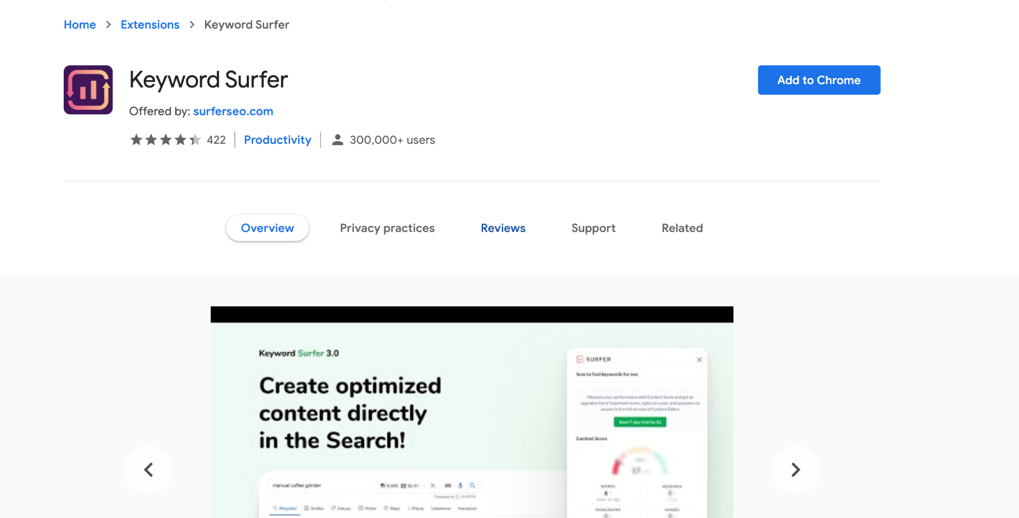 Extensión de Chrome de Keyword Surfer
