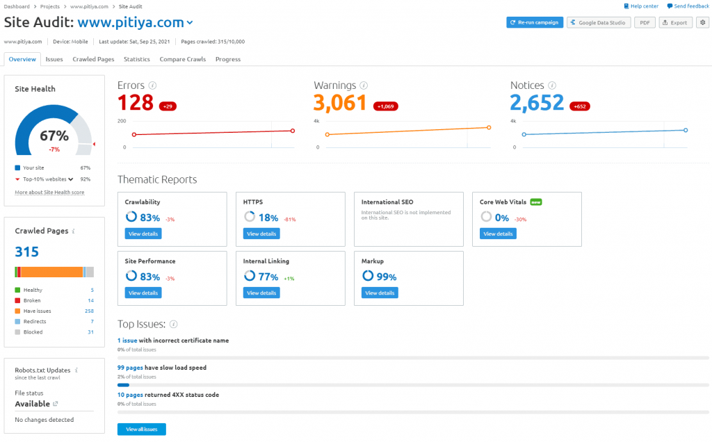 panoramica dell'audit del sito