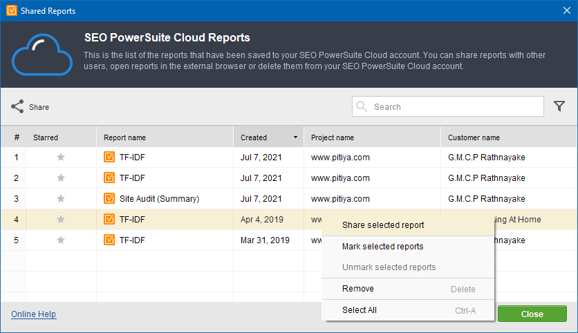 Dapatkan tautan yang dapat dibagikan untuk file Auditor Situs Web dari SEO PowerSuite Cloud