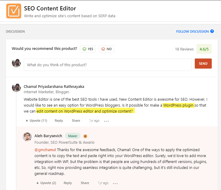 Komentar pengguna di Editor Konten SEO WebSite Auditor di ProductHunt