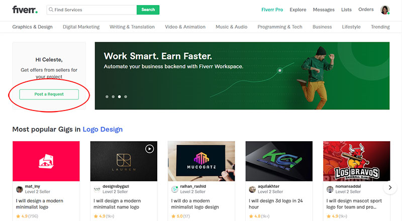 Fiverr หน้าเว็บ
