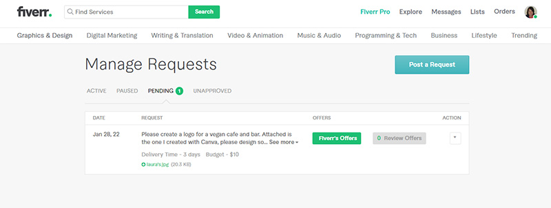Fiverr หน้าเว็บ